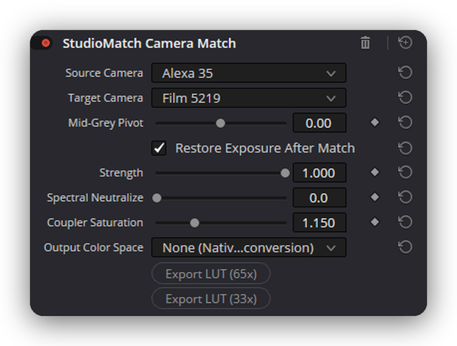 The StudioMatch Camera Match panel in DaVinci Resolve, matching an Alexa 35 source to a Film 5219 target.